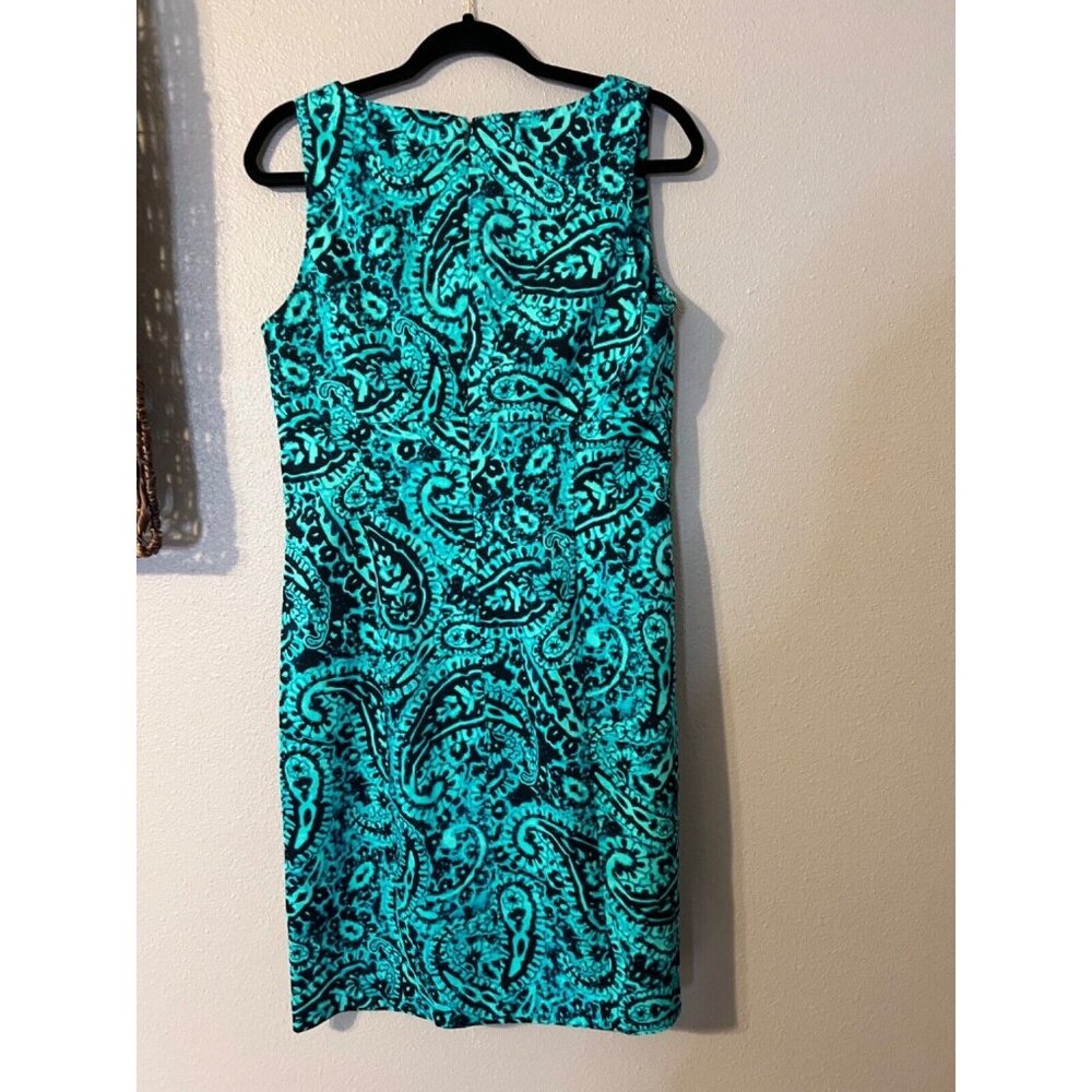 Jones New York Dress 10 Stretch Cotton Sheath Green Blue Paisley Washable - Picture 8 of 12